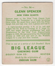 Load image into Gallery viewer, 1933 Goudey BITW Glenn Spencer New York Giants #84
