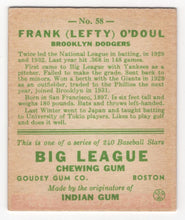 Load image into Gallery viewer, 1933 Goudey BITW Frank Lefty O'Doul RC Brooklyn Dodgers #58